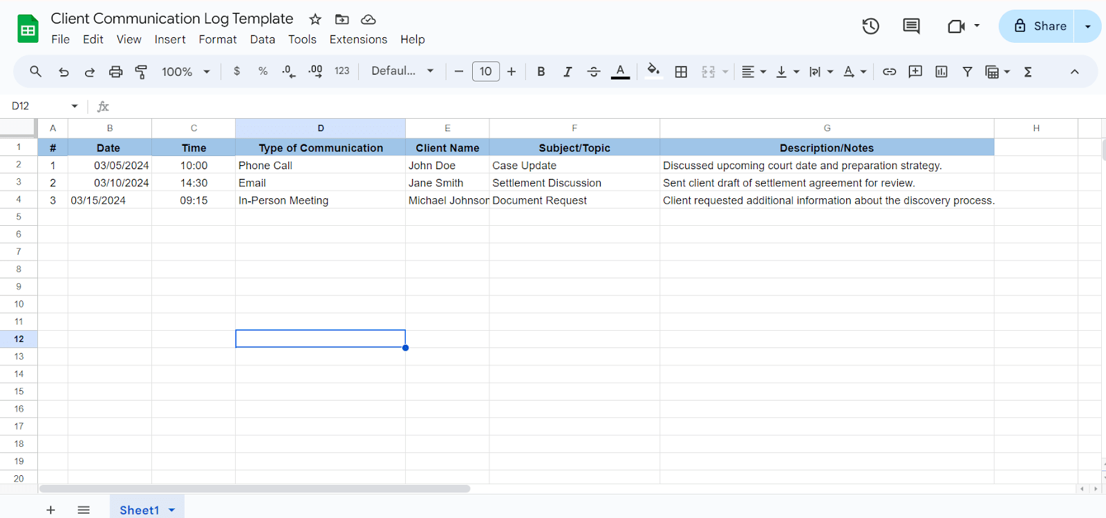client communication log google sheets template Client Communication Log Template