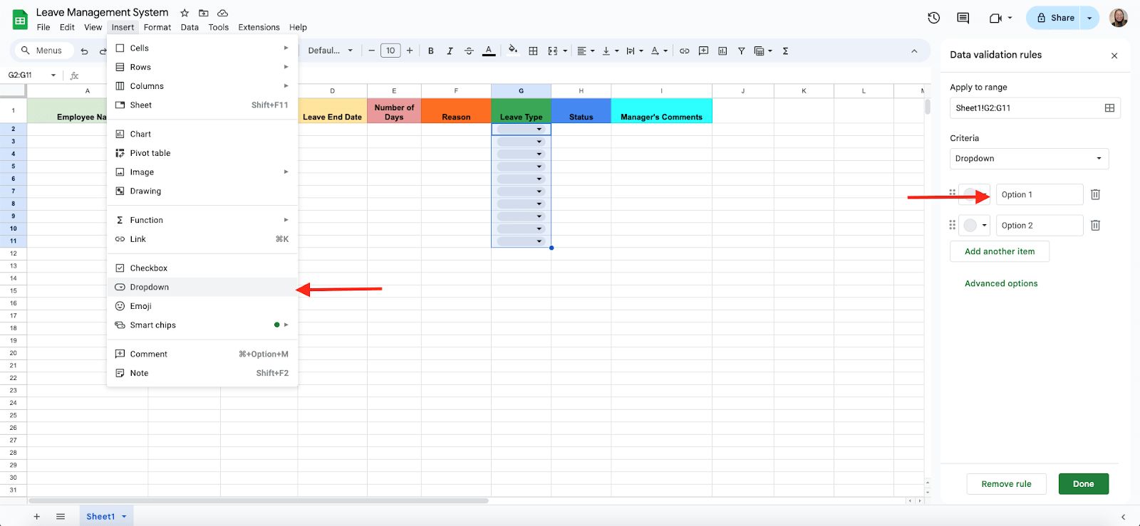 dropdown menu
