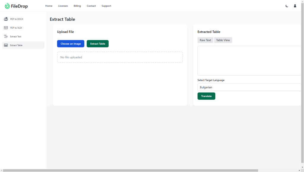 FileDrop Web App Extract Tables