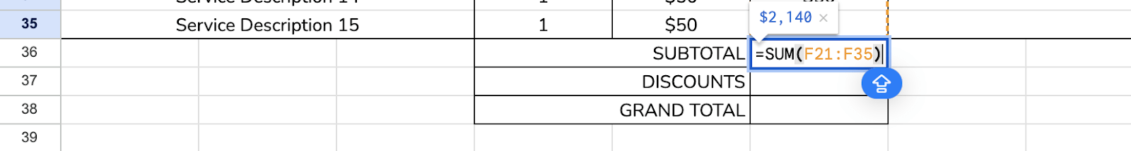 Sub Total =SUM function