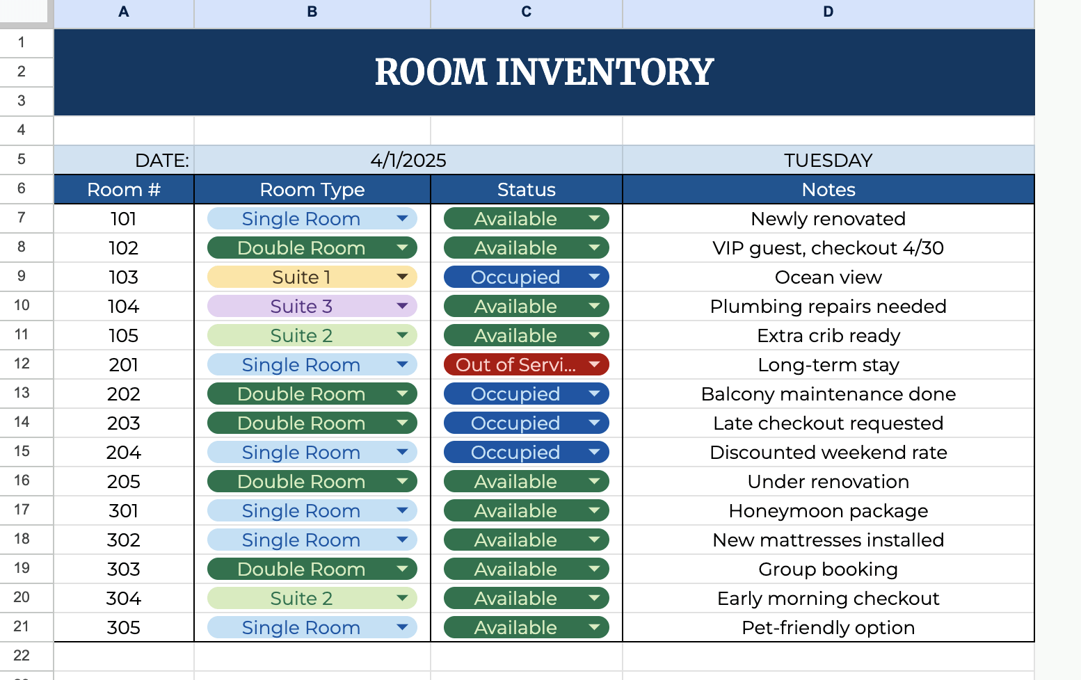 Create a Separate Tab for Room Inventory