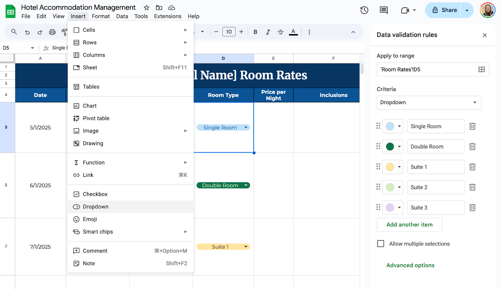 Set Up a Dropdown Menu for Room Types