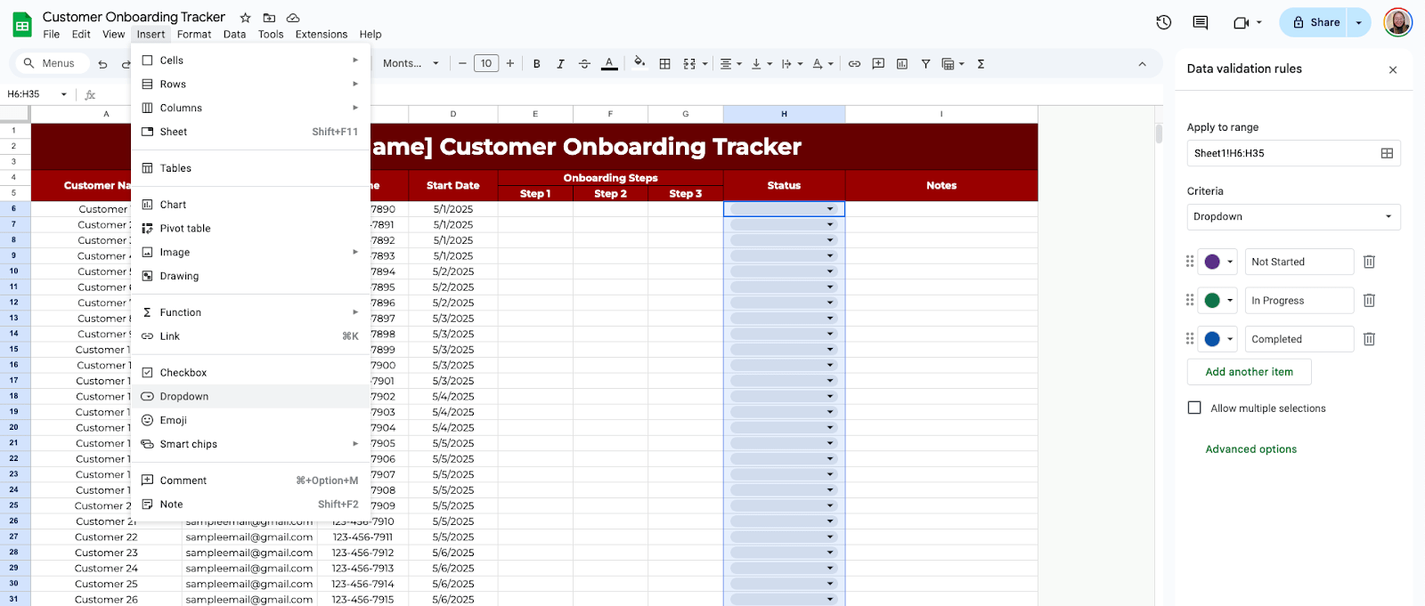 Step 2. Add Dropdown Menus for Status 