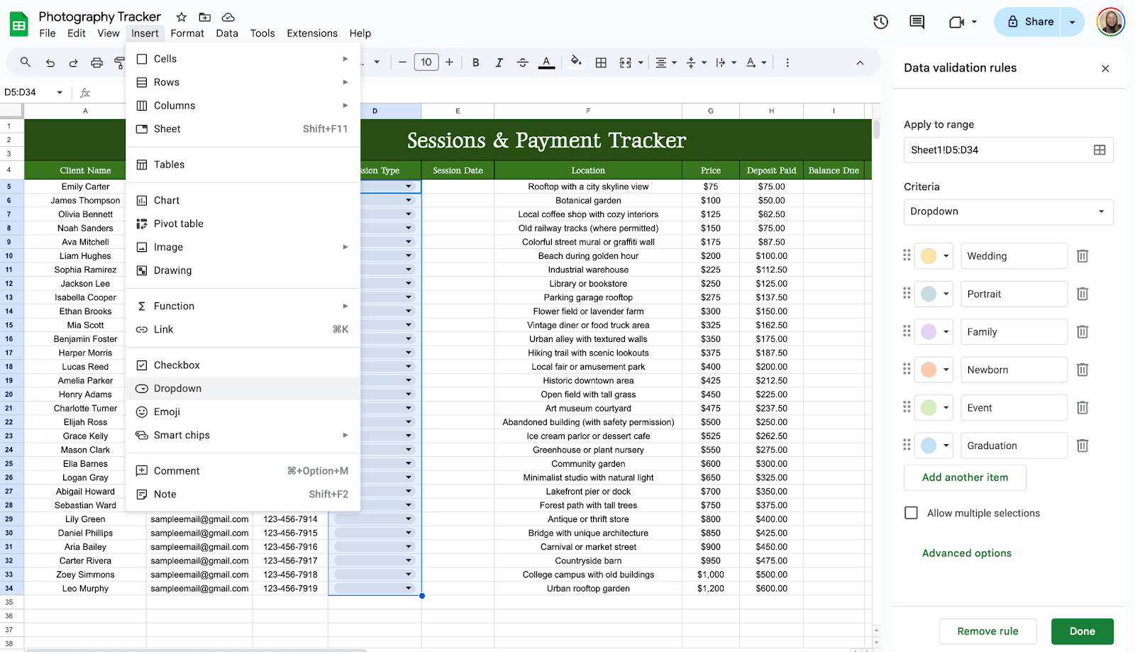 Use Dropdowns for Session Type and Payment Status Use Dropdowns for Session Type and Payment Status