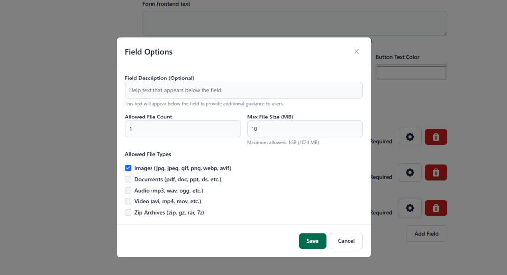 Form Edit FileDrop Upload field settings