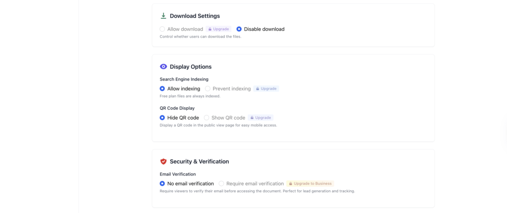 FileDrop download, indexing, and QR code display options.