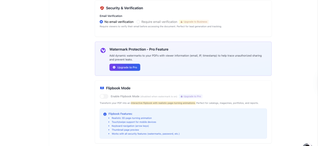 FileDrop security, watermark, and flipbook mode settings.