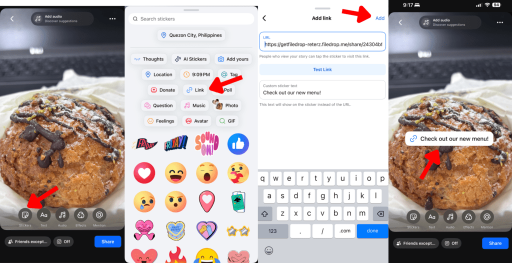 Facebook Link Sticker Tutorial Step-by-step tutorial for adding a FileDrop link sticker to a Facebook Story with custom text.