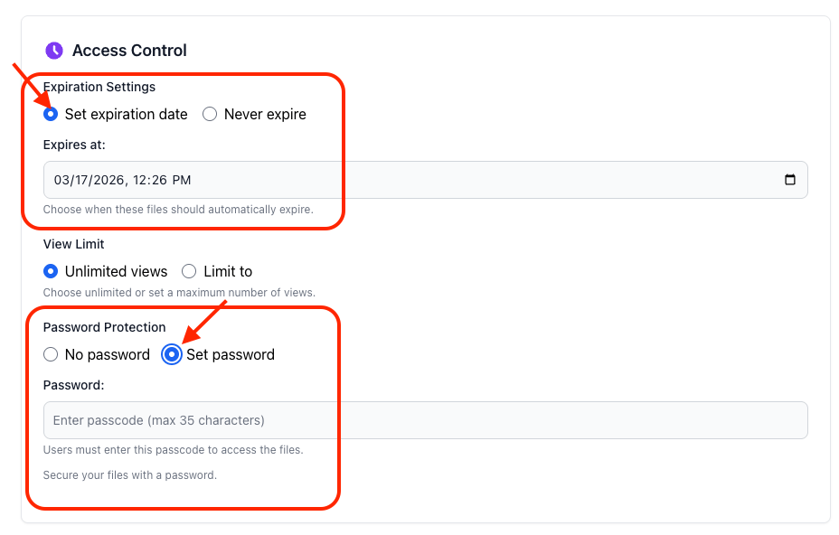 FileDrop PDF expiration and password protection settings.
