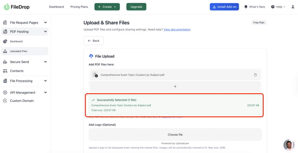 FileDrop Completed PDF Upload FileDrop interface showing a successful PDF file upload confirmation and file size details.