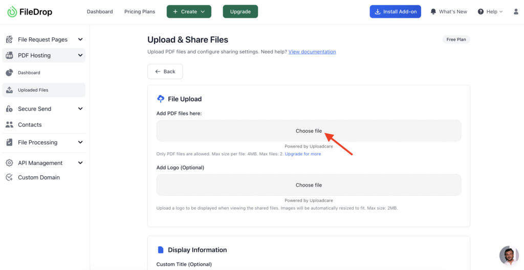 FileDrop PDF Upload FileDrop interface for uploading and sharing PDF files with custom branding options.