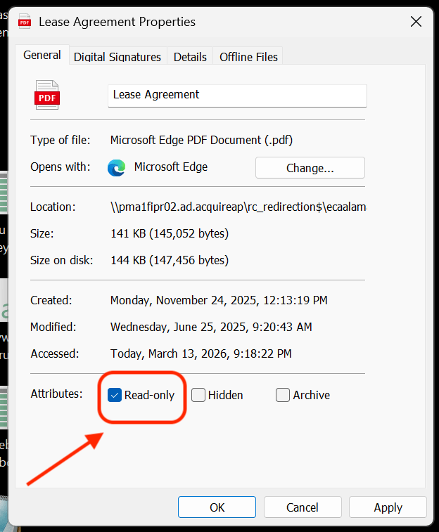 Windows file properties showing a PDF set to Read-only attribute.