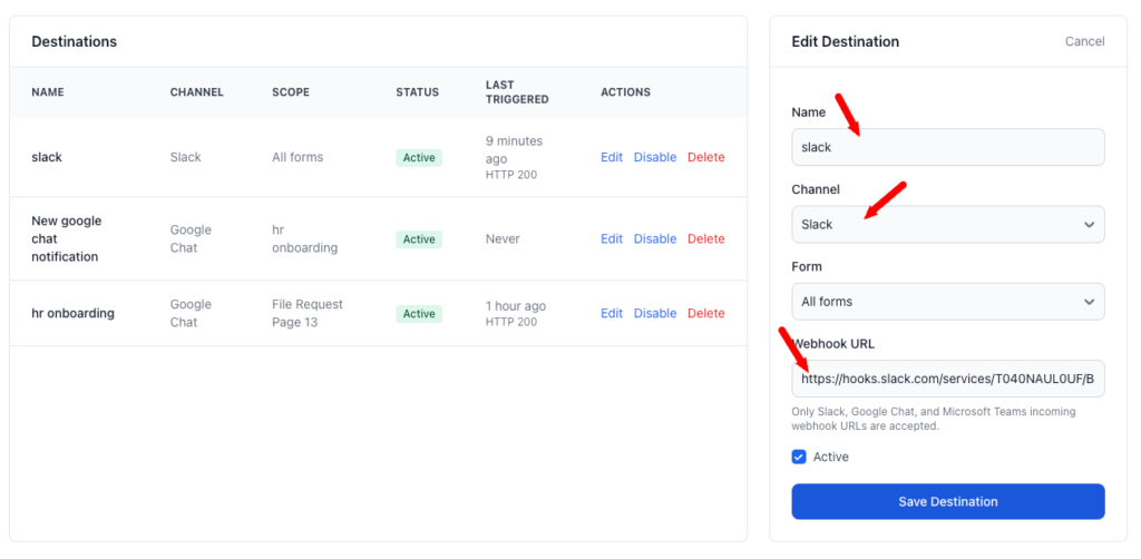 Notifications FileDrop Slack Settings