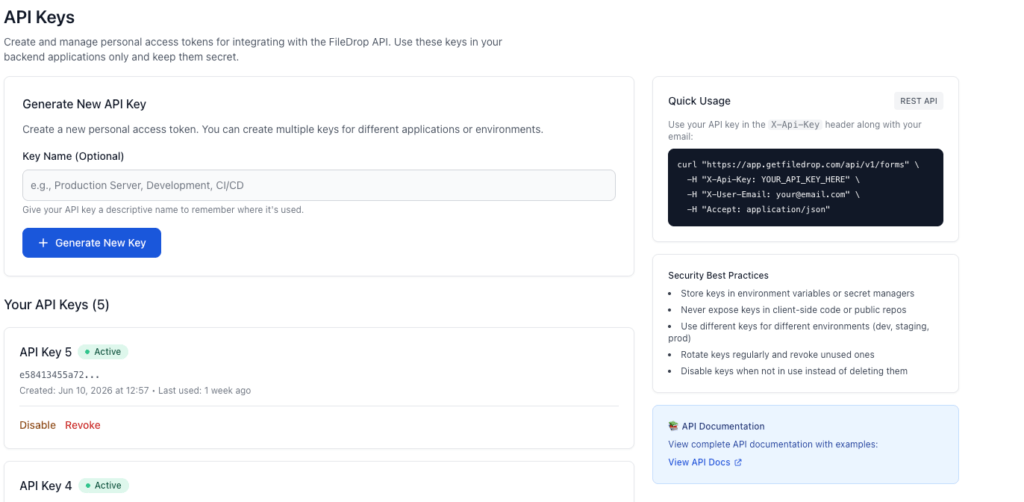 FileDrop API keys