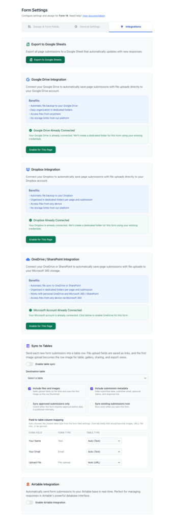 FileDrop Forms Integrations
