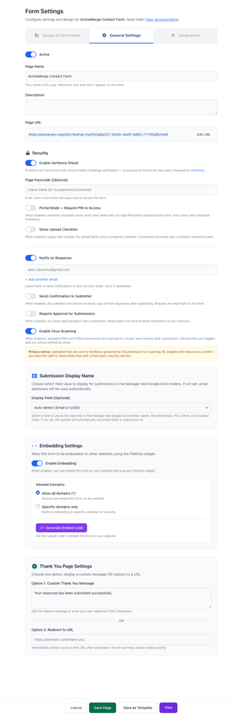 FileDrop Forms Settings